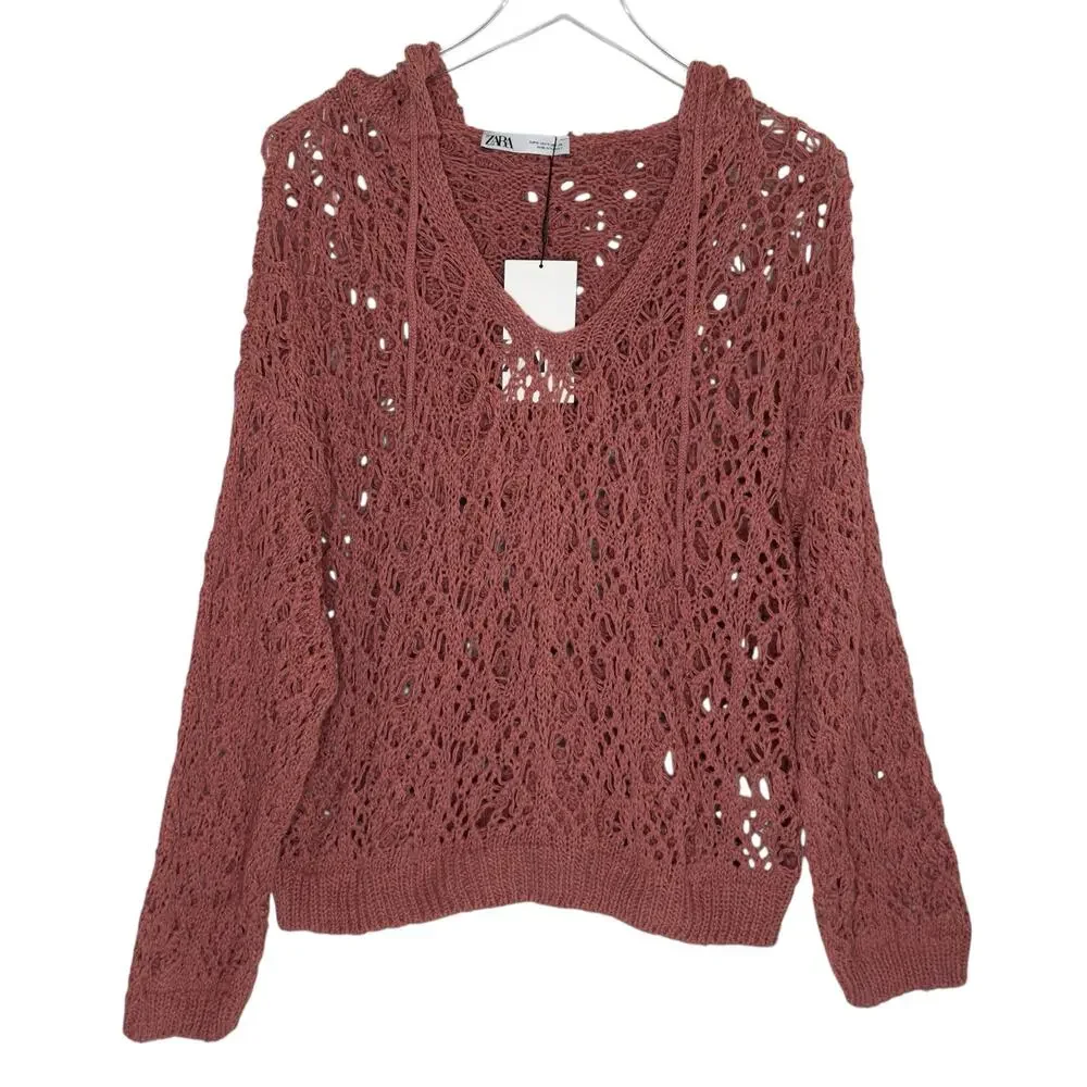 Zara Womens Dusty Rose Crochet Open Knit Hoodie Sweatshirt M NEW Unlined - Picture 2 of 11
